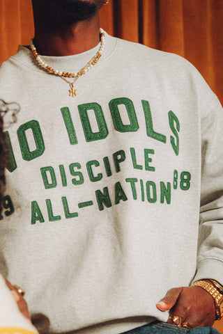 All-Nation Crewneck sweatshirt by No Idols, featuring a close-up of the soft fabric and classic crewneck design.