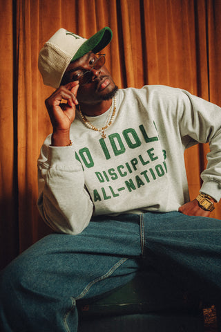 Black All-Nation Crewneck by No Idols, front view showing the crewneck's fit and logo design on the chest.